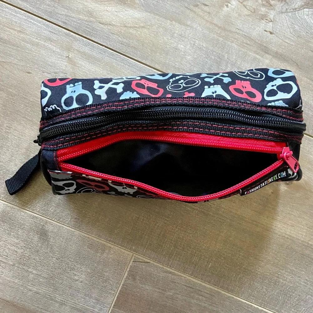Fashion Stationary Black, Red and Gray Skull & Crossbones Double Zip Pencil Case